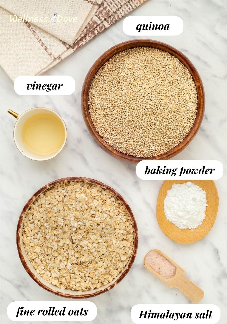 the ingredients of the Easy No Yeast Gluten free Vegan Quinoa Bread