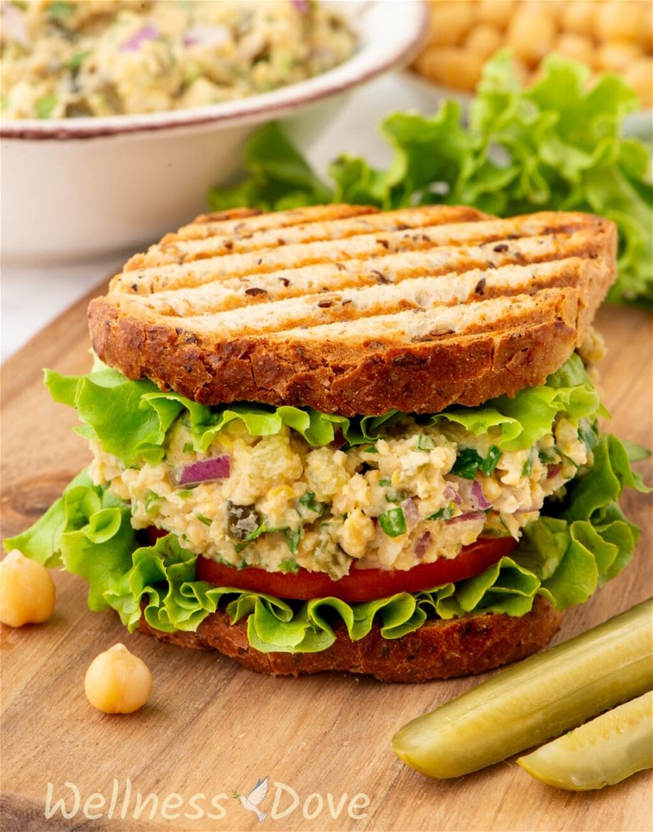 a front view of a Healthy Vegan Chickpea ‘Tuna’ Salad sandwich