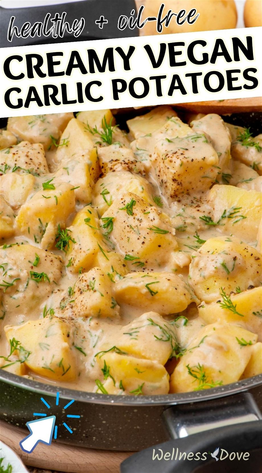 healthy and creamy vegan garlic potatoes in a skillet pinterest image