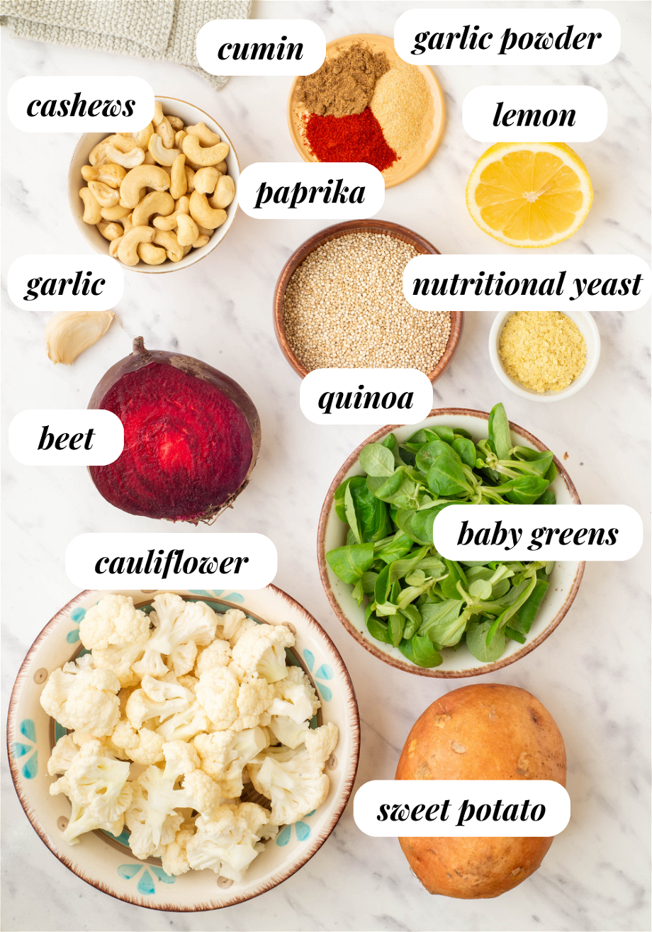 the ingredients for the Roasted Cauliflower Quinoa Beet Bowl
