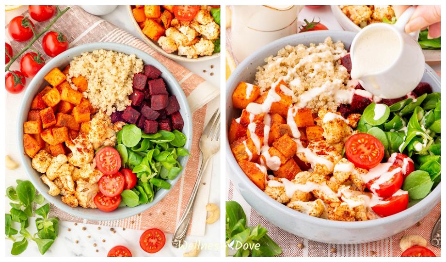 how to assemble the Roasted Cauliflower Quinoa Beet Bowl