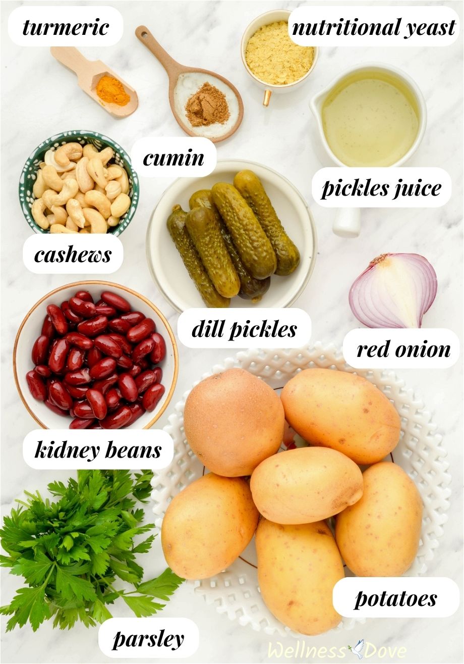 the ingredients for the creamy no mayo vegan potato salad