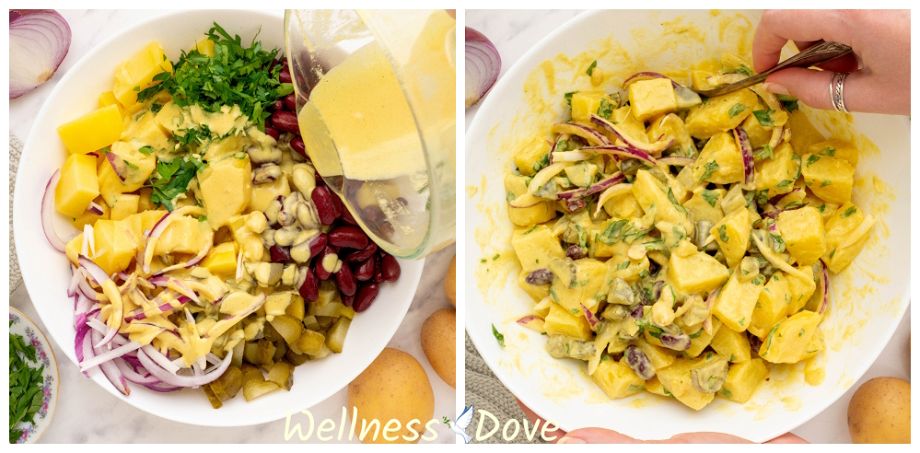 how to mix it all together to prepare the creamy no mayo vegan potato salad