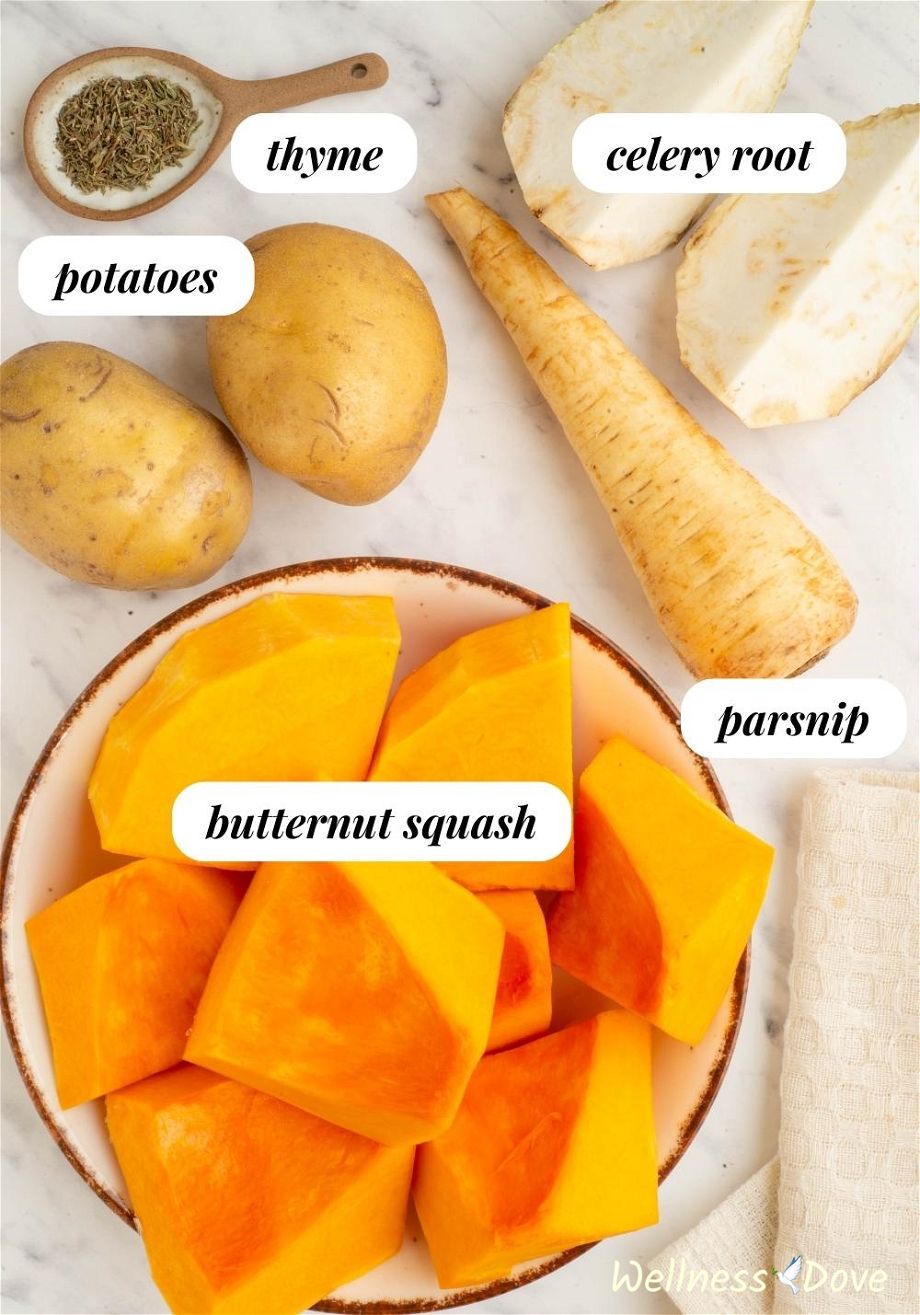 the ingredients for the Squash & Parsnip Vegan Soup