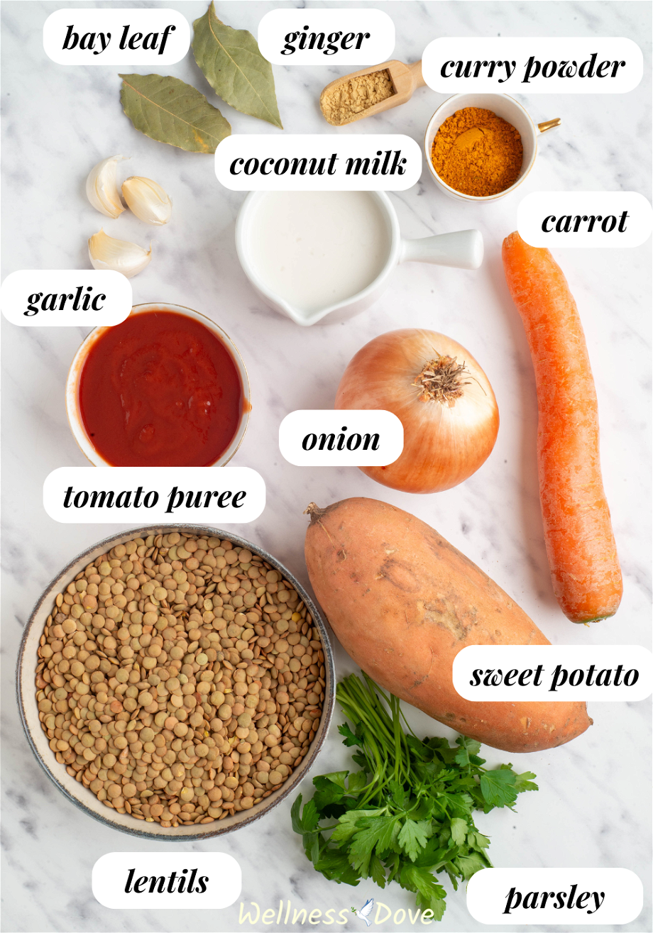 the ingredients for the Wholesome Sweet Potato Lentil Vegan Curry