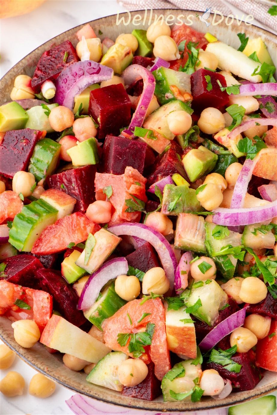a very macro photo of the Easy Vegan Chickpea Beet Oil-free Salad