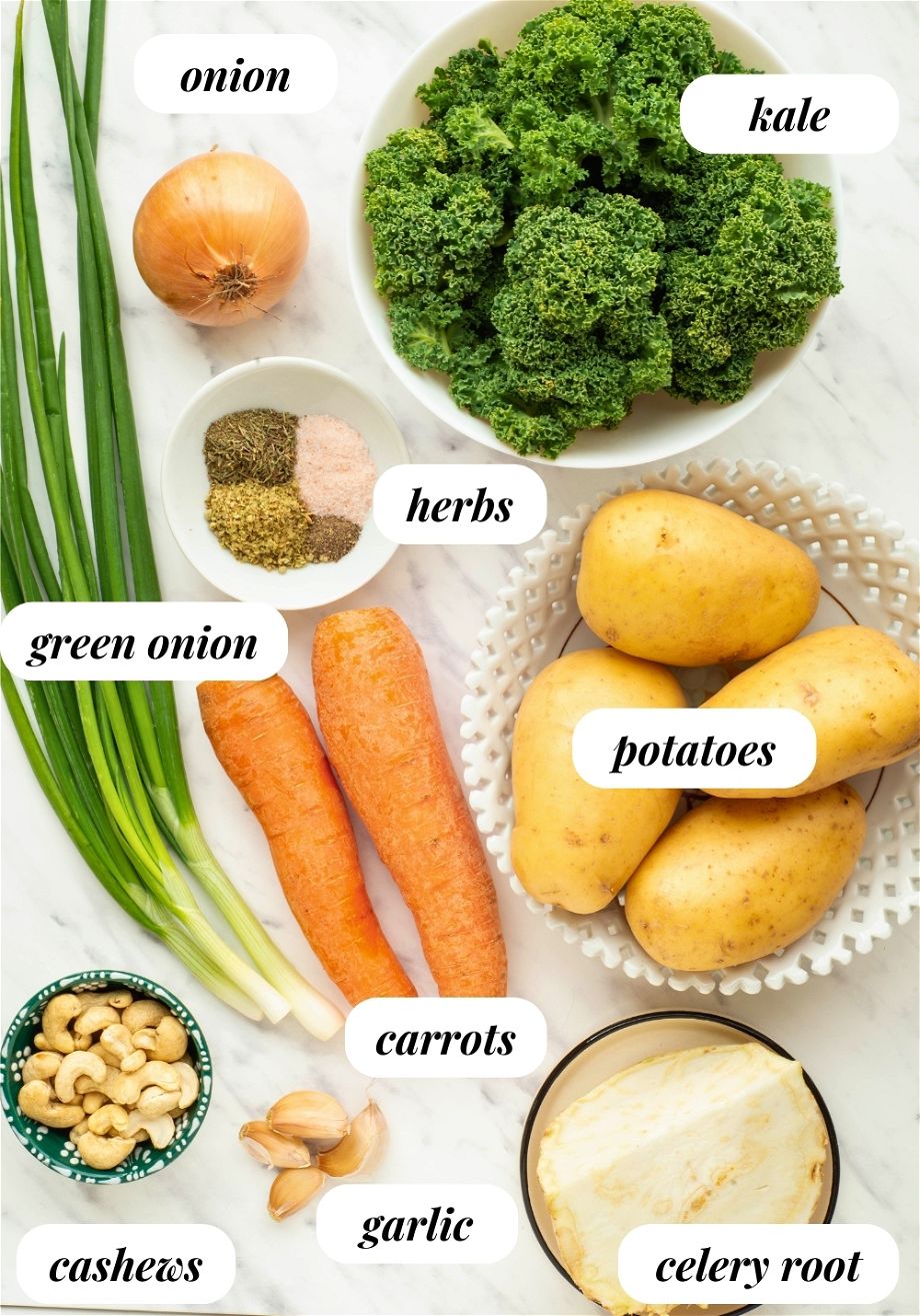 the ingredients for the Creamy Kale Potato Vegan Soup