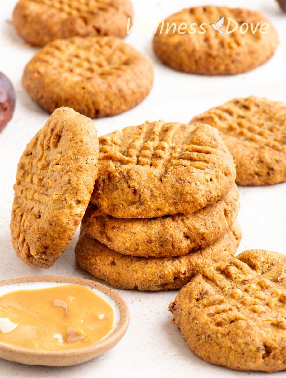 a macro hoto of the Easy and Healthy Peanut Butter Vegan Cookies on a countertop 