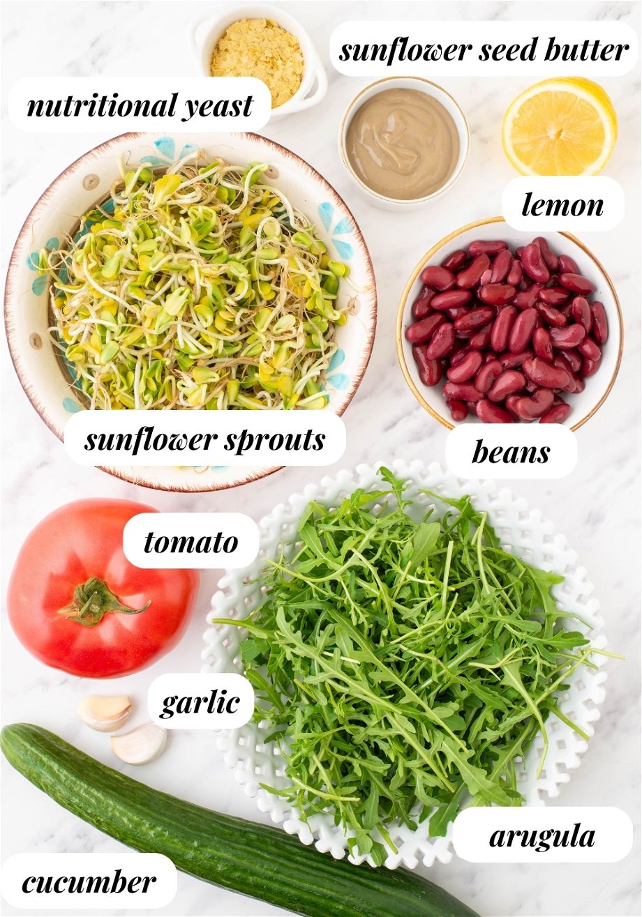 the ingredients for the Arugula Sunflower Sprout Salad