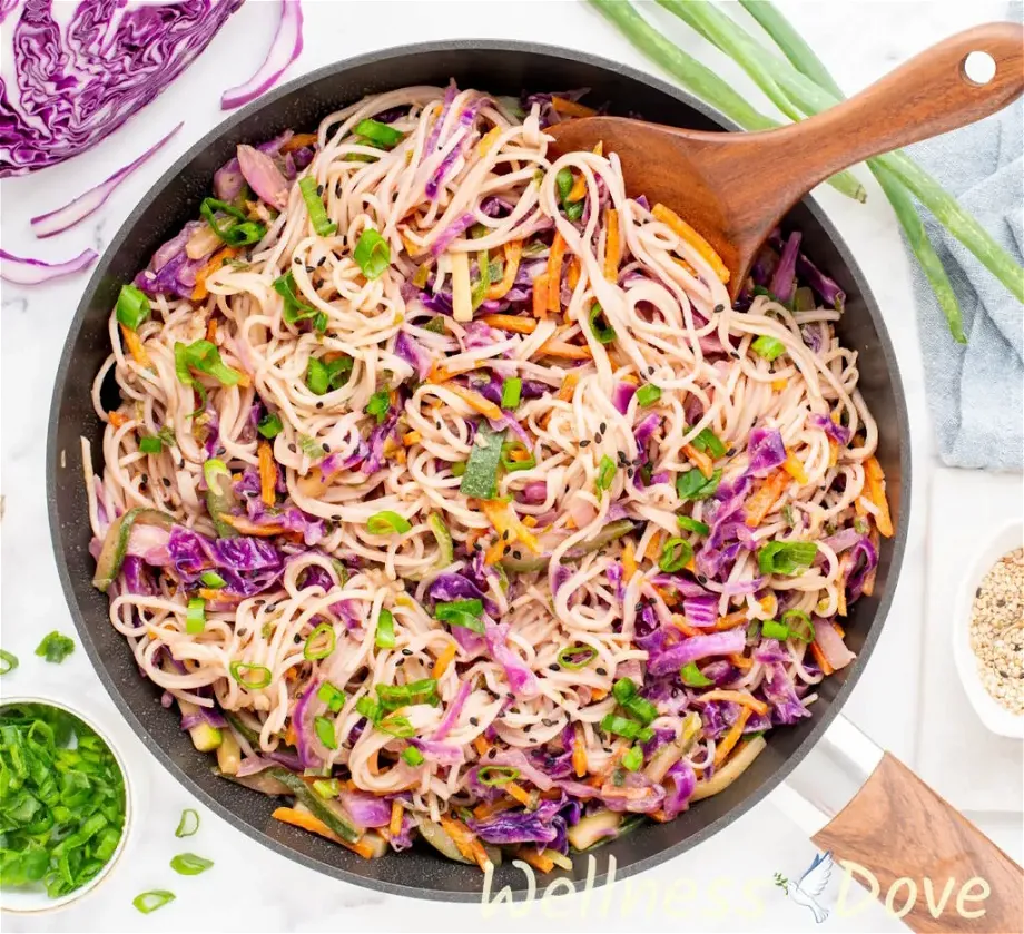the Quick and Easy Vegan Stir Fry Noodles in a pan, top view