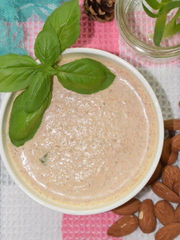 overhead shot of a bowl full of almond and nutmeg vegan sauce