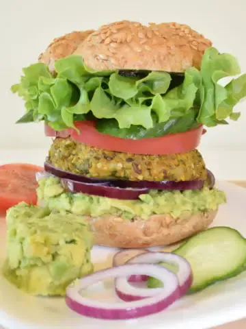 front view of chickpea avocado burger