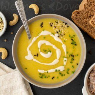 overhead view of a bowl of creamy Zucchini soup