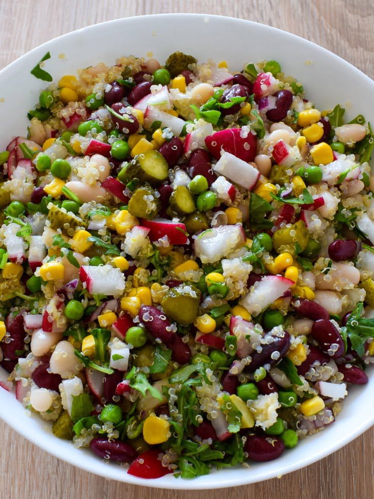 overhead photo of a large bowl of bean salad