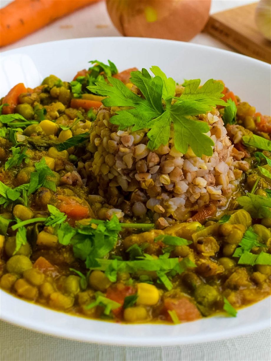 ¾ view of vegan mung bean stew