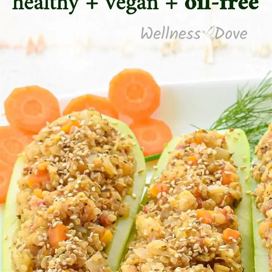 These oil-free, delicious and filling, juicy zucchini will surprise you with their satisfying flavor! A great combination of hearty, protein-rich lentils and satiating quinoa on a fresh and juicy zucchini boat. Quite satiating as well due to the lentils and the quinoa.