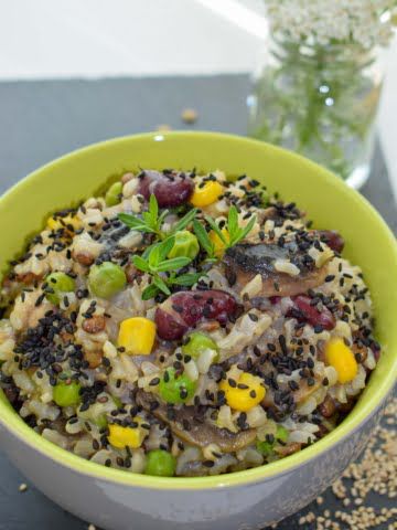 ¾ view of a bowl full of brown rice rissotto