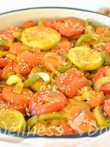 ¾ shot of a pan full of curried veggies