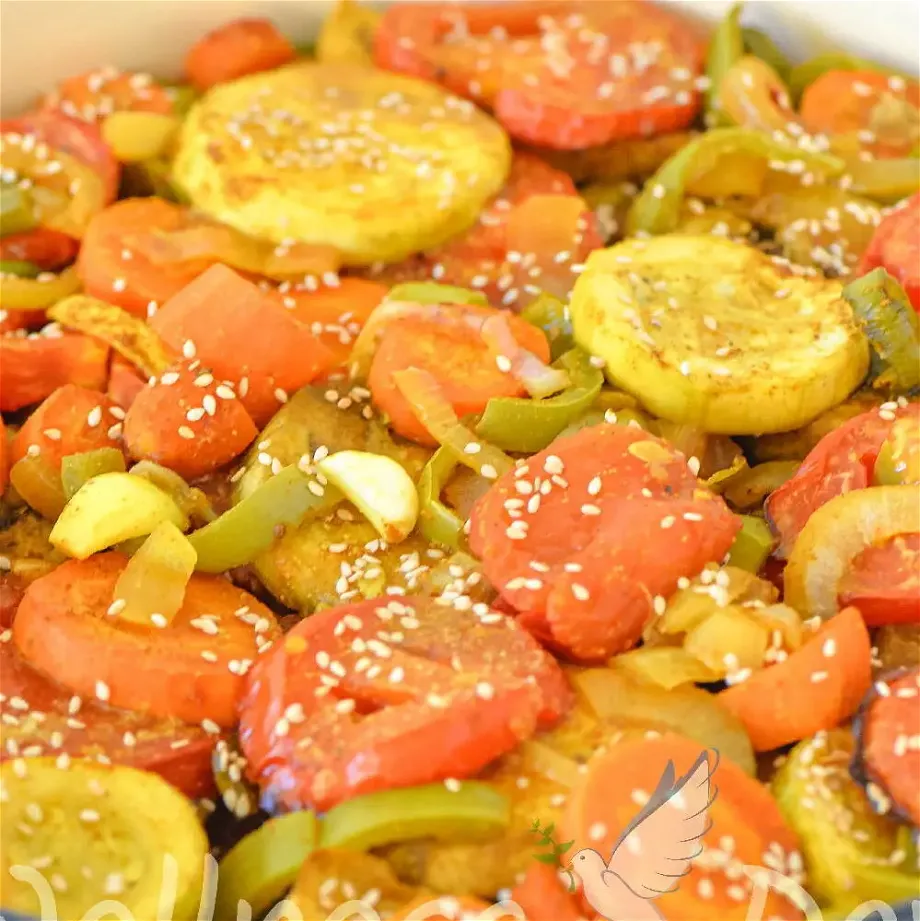 ¾ shot of a pan full of curried veggies