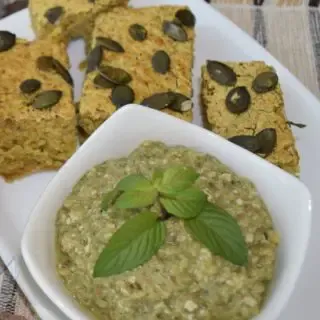 a ¾ shot of a bowl full of eggplant dip