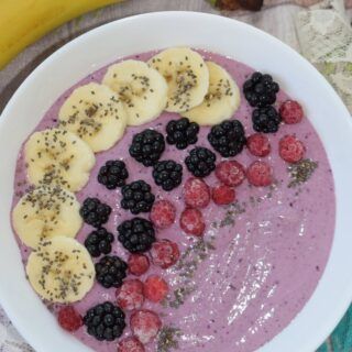 overhead shot of a bowl full of vegan oatmeal breakfast