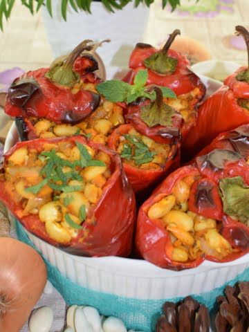 ¾ shot of bean stuffed red peppers