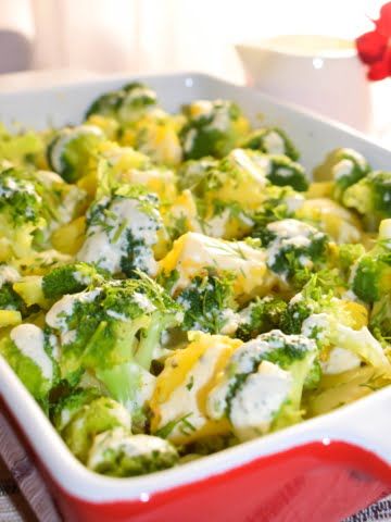 Broccoli and Potatoes Casserole dish ¾ view