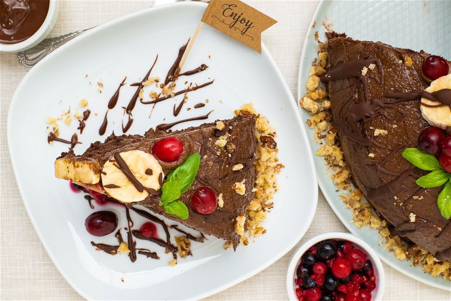 A piece of the chocolate vegan cake, overhead view