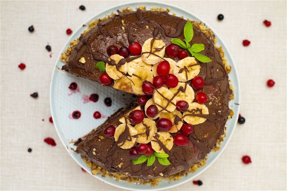 Overhead view of the vegan cake, cut