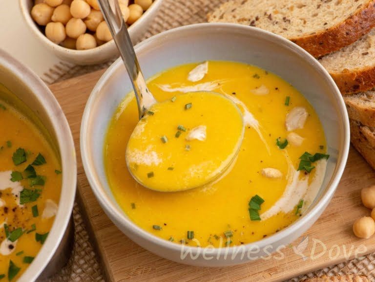 the soup in  a bowl, with a ladle pouring some more soup in.