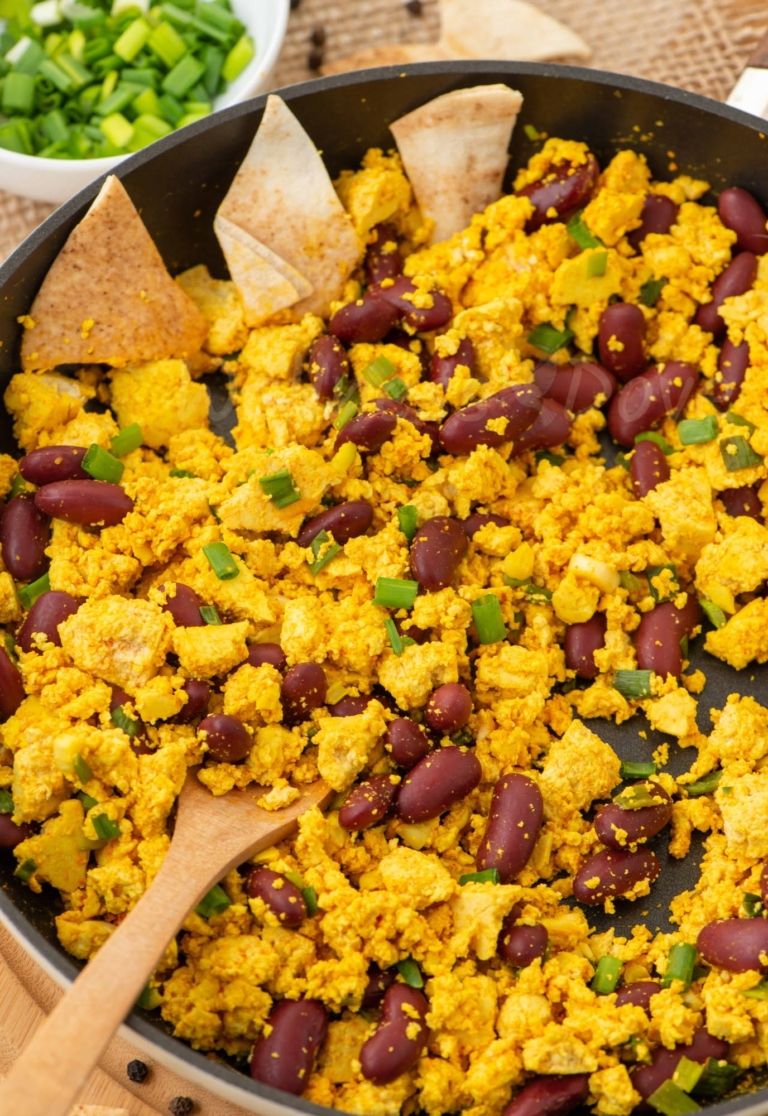 the vegan tofu scramble in a pan, macro view
