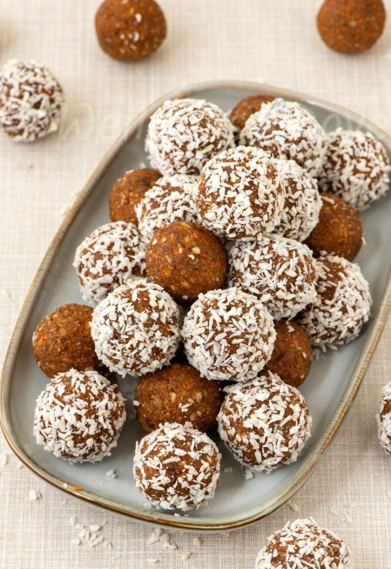 Top view of the carrot cake balls on a platter