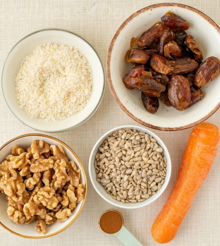 The ingredients for the carrot cake balls, top view