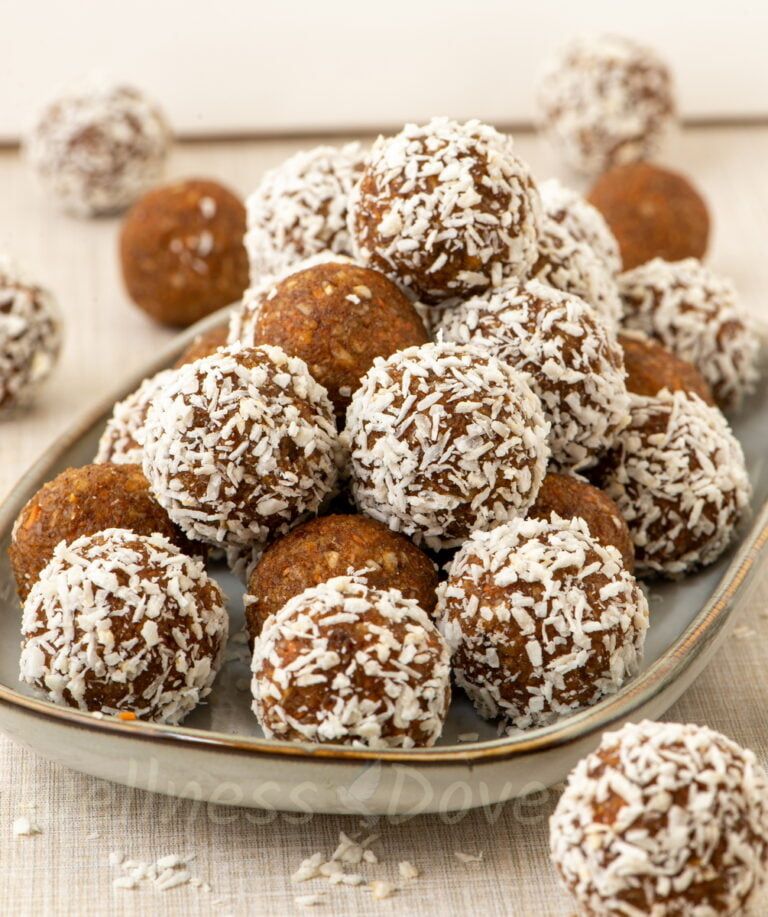 Carrot Cake Balls on a long plant, front view