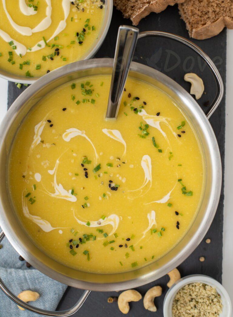 zucchini  soup in a pot, overhead view