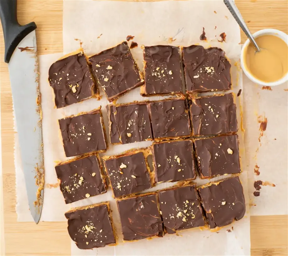 vegan peanut butter bars, overhead view on a board