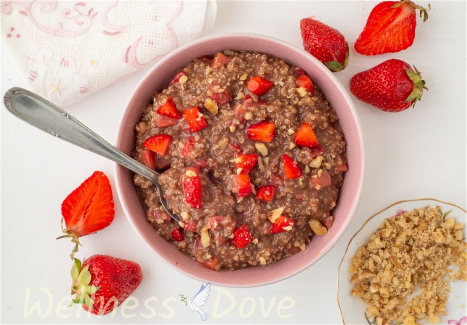 overhead view of the quinoa vegan breakfast in a pink bowl