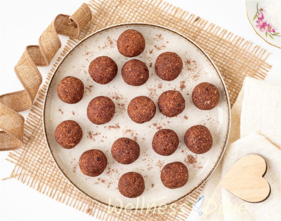 the healthy vegan coconut balls in a large plant, overhead view