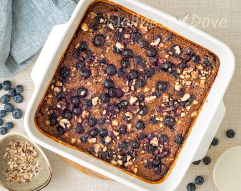 an overhead view of a pot with ovenbaked blueberries