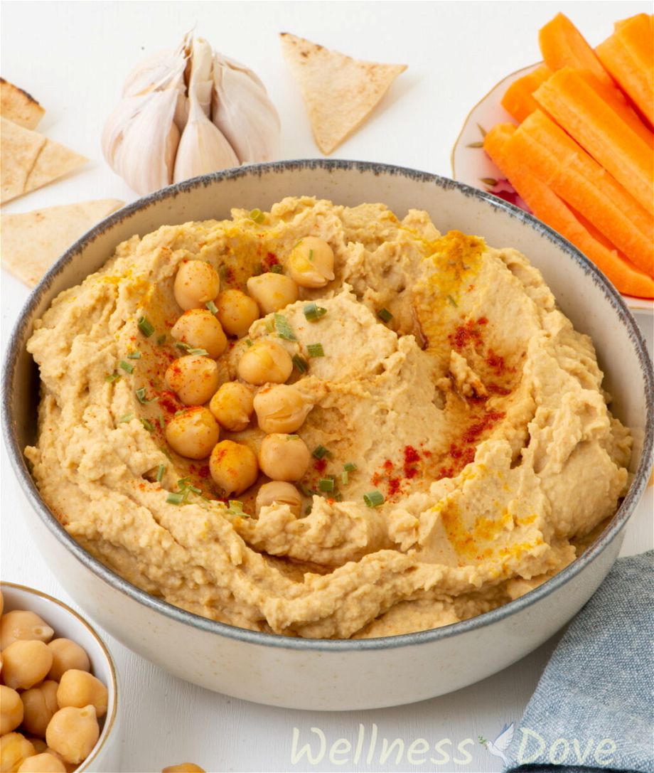 3/4 view of the 5 ingredient oil-free vegan hummus in a bowl