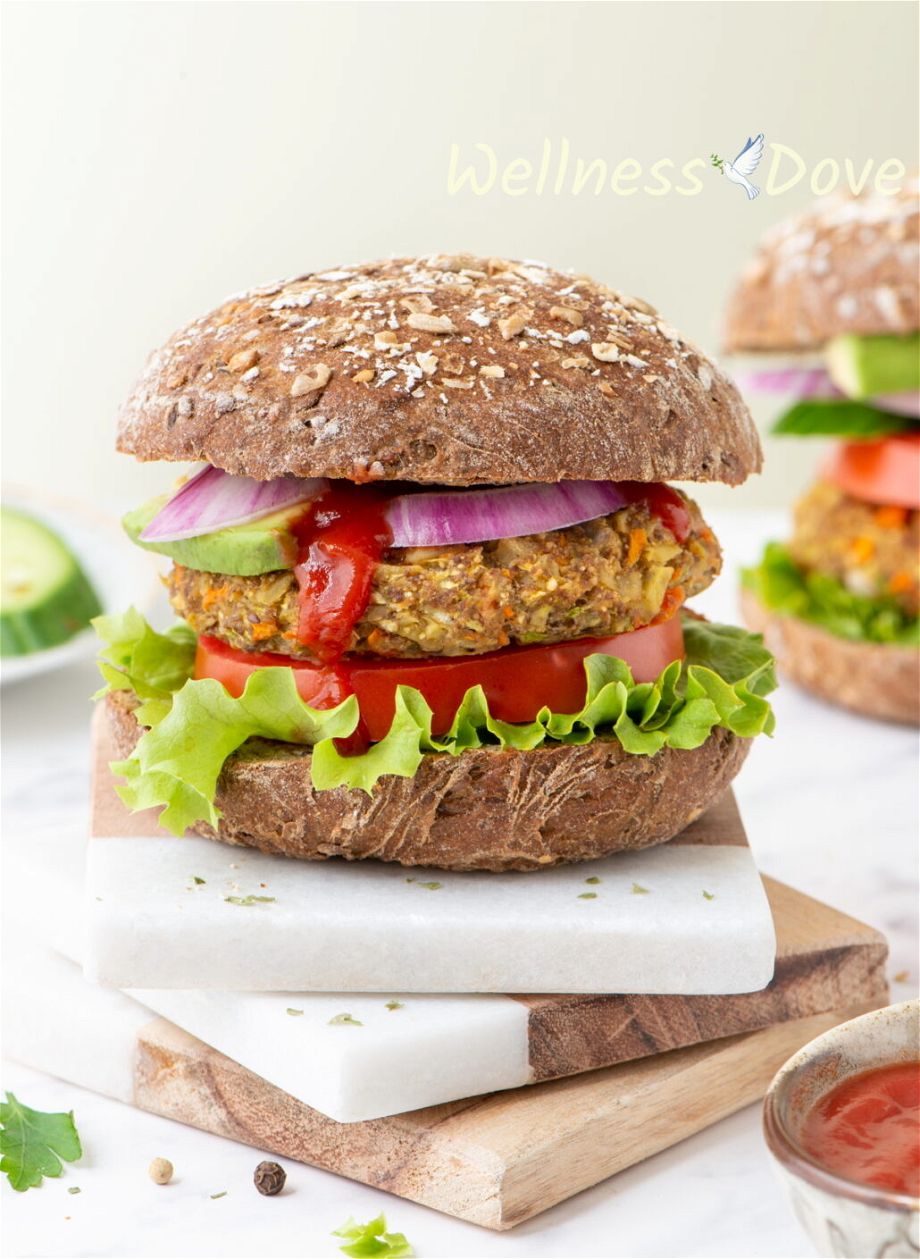 the veggie burger on top of some wooden blocks.