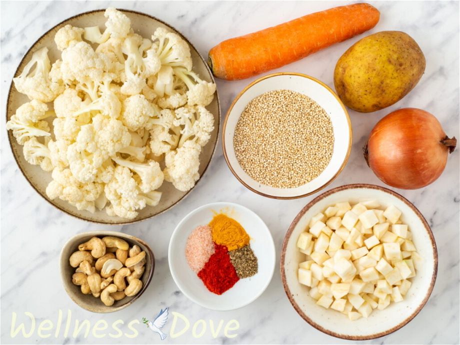 the ingredients for the Cauliflower Vegan Soup with Quinoa