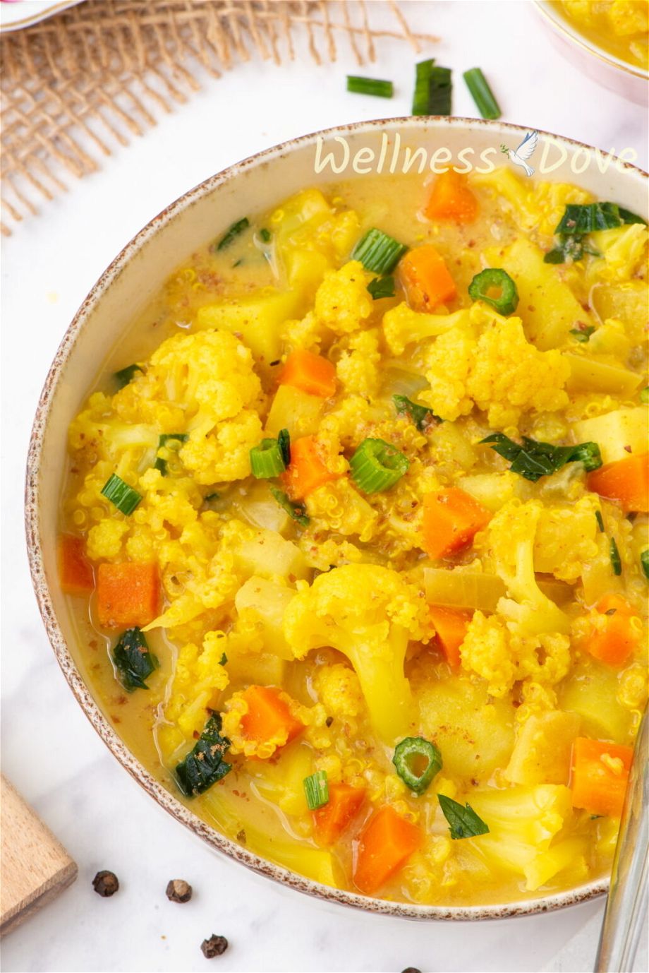 a closeup view of the Cauliflower Vegan Soup with Quinoa