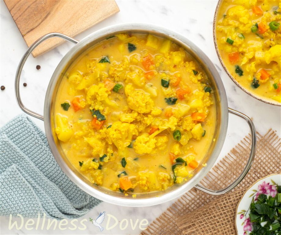 an overhead view of the Cauliflower Vegan Soup with Quinoa in a pot 