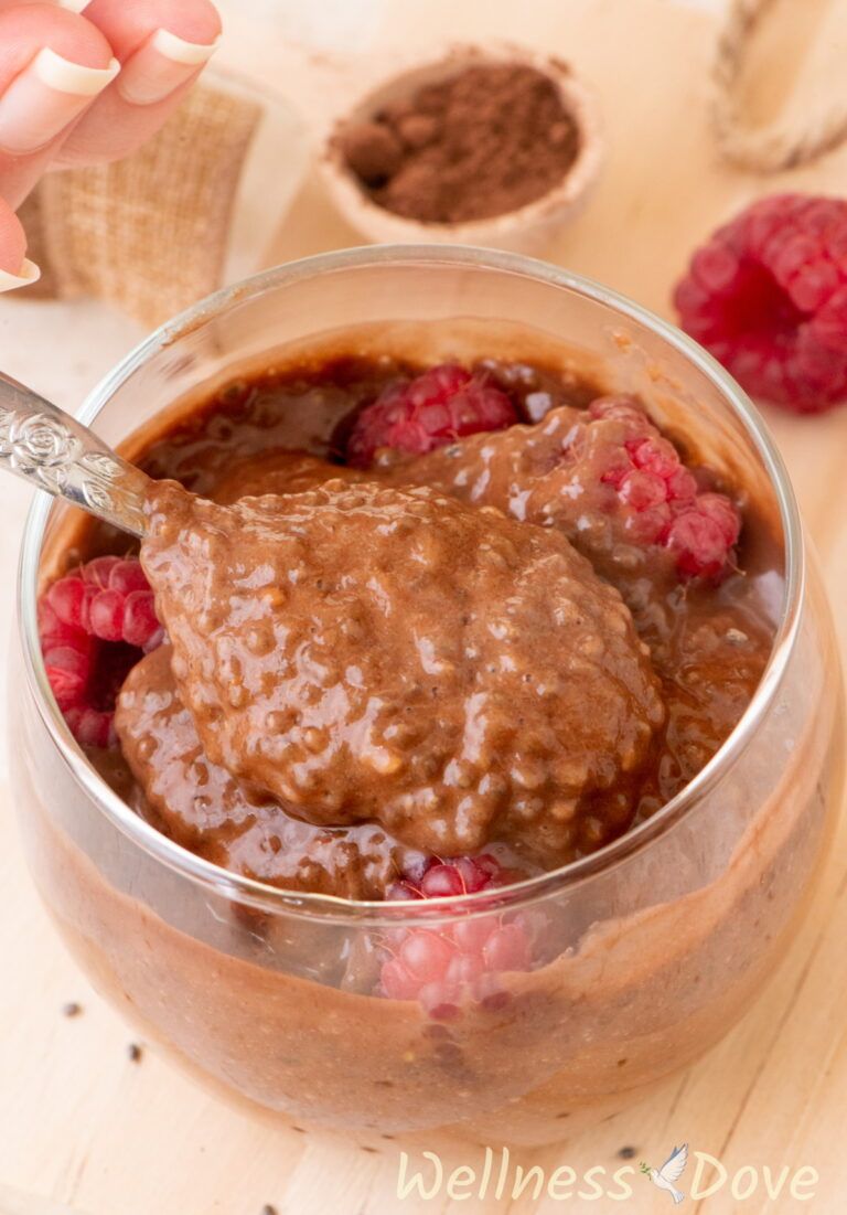 easy vegan chocolate chia seeds pudding 3/4 close up shot