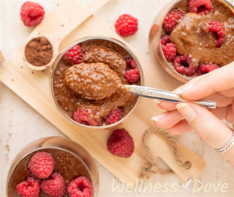 and overhead view of 3 cups of easy vegan chocolate chia seeds pudding
