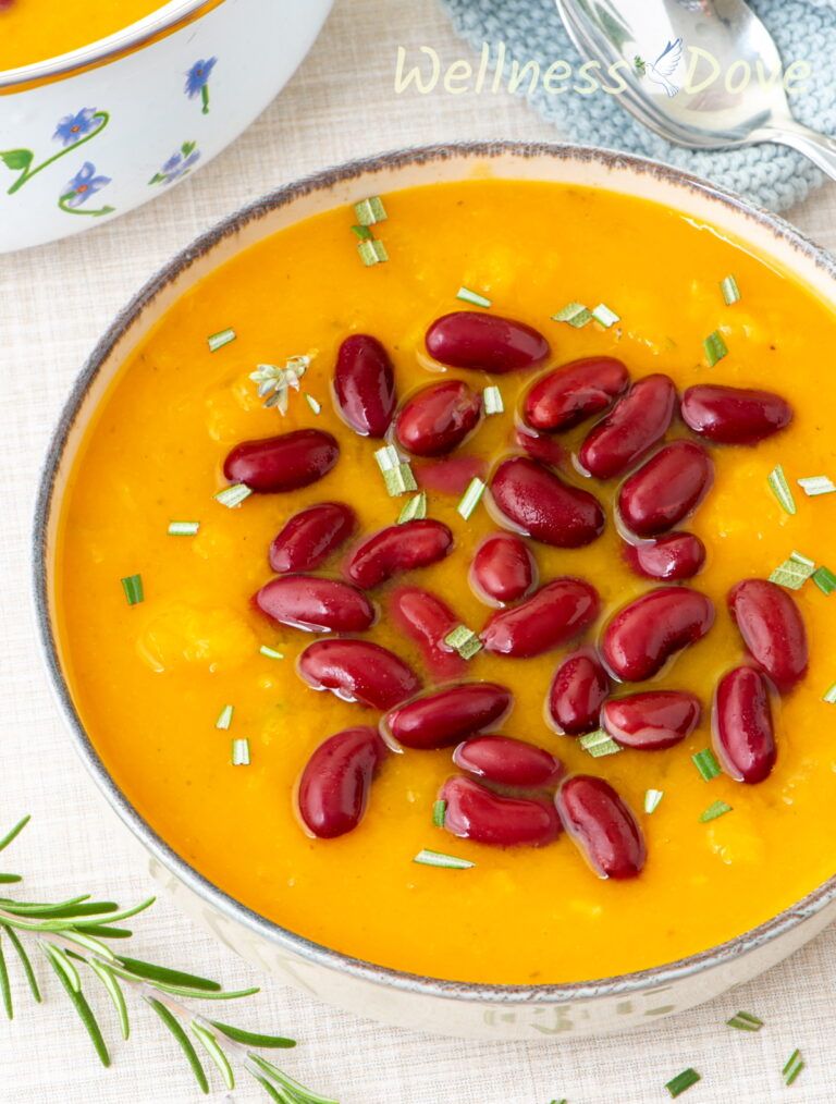 A close up view of the easy, healthy, and creamy butternut squash vegan soup