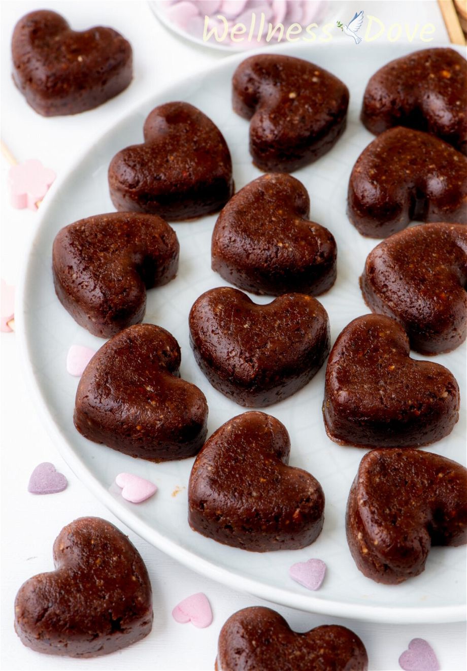 a close up 3/4 view of the healthy vegan brownie hearts