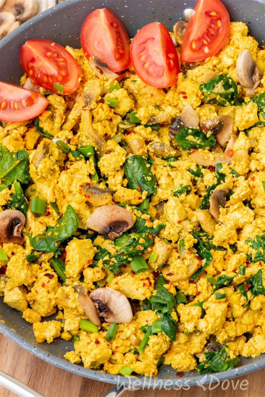 a macro photo of the Vegan Tofu & Spinach Egg Scramble