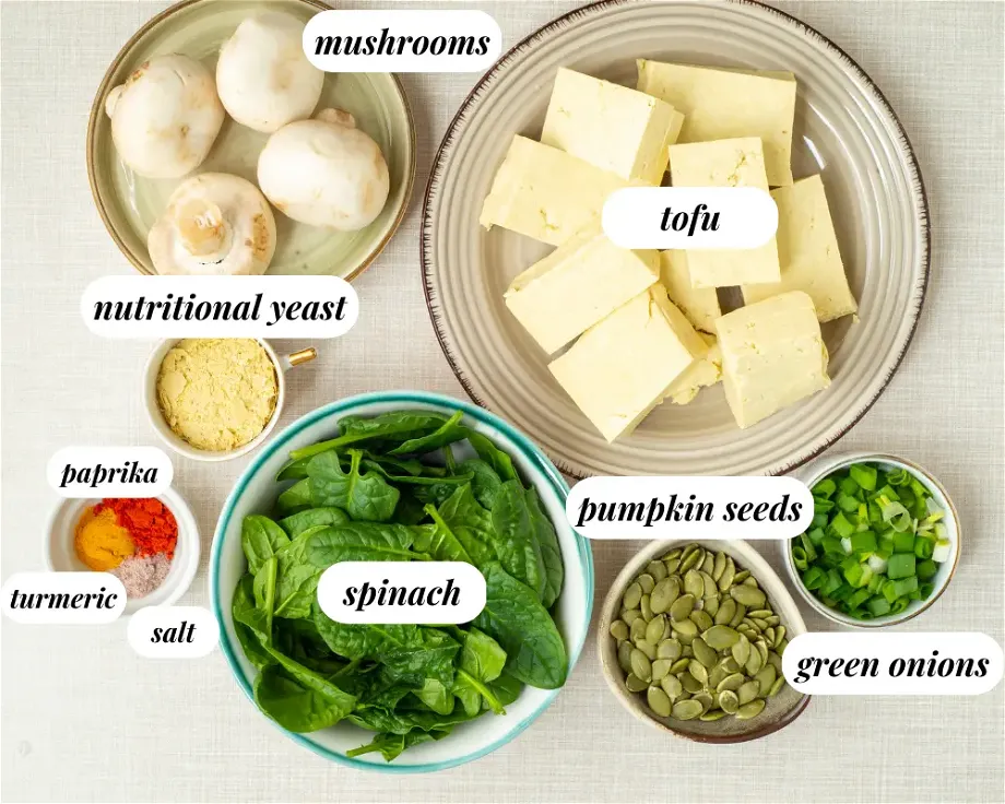 the ingredients of the Vegan Tofu & Spinach Egg Scramble